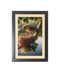 A bird guards its eggs on a tree branch Photo Frame Funny Animal and Bird Cartoon Art, Black color, 13x17 Inch