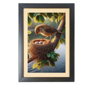 A bird guards its eggs on a tree branch Photo Frame Funny Animal and Bird Cartoon Art, Black color, 13x17 Inch