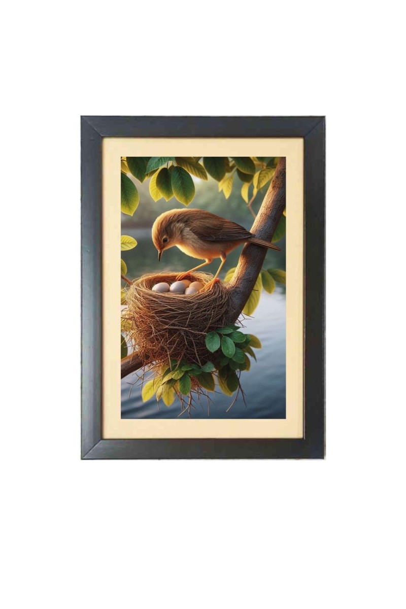 A bird guards its eggs on a tree branch Black Photo Frame Funny Animal and Bird Cartoon Art
