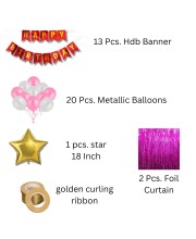 Happy Birthday Decoration Combo Set - 20 Pcs. Metallic Balloons, 1 Star Foil Balloons, 13 Pcs. Birthday Banner, 2 Pcs. Foil Curtain Party Backdrop Kit for Celebrations and Events (Pink)