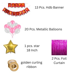 Happy Birthday Decoration Combo Set - 20 Pcs. Metallic Balloons, 1 Star Foil Balloons, 13 Pcs. Birthday Banner, 2 Pcs. Foil Curtain Party Backdrop Kit for Celebrations and Events (Pink)