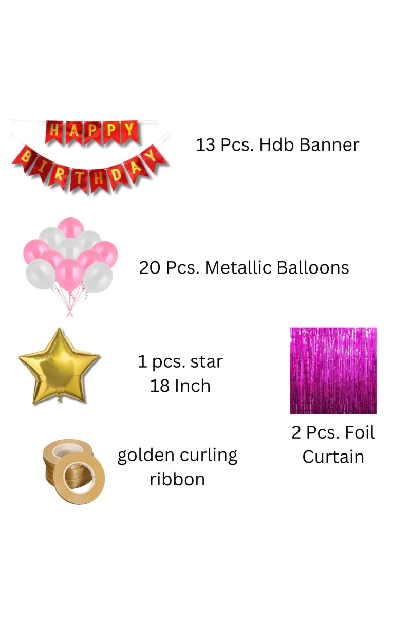 Happy Birthday Decoration Combo Set - 20 Pcs. Metallic Balloons, 1 Star Foil Balloons, 13 Pcs. Birthday Banner, 2 Pcs. Foil Curtain Party Backdrop Kit for Celebrations and Events (Pink)