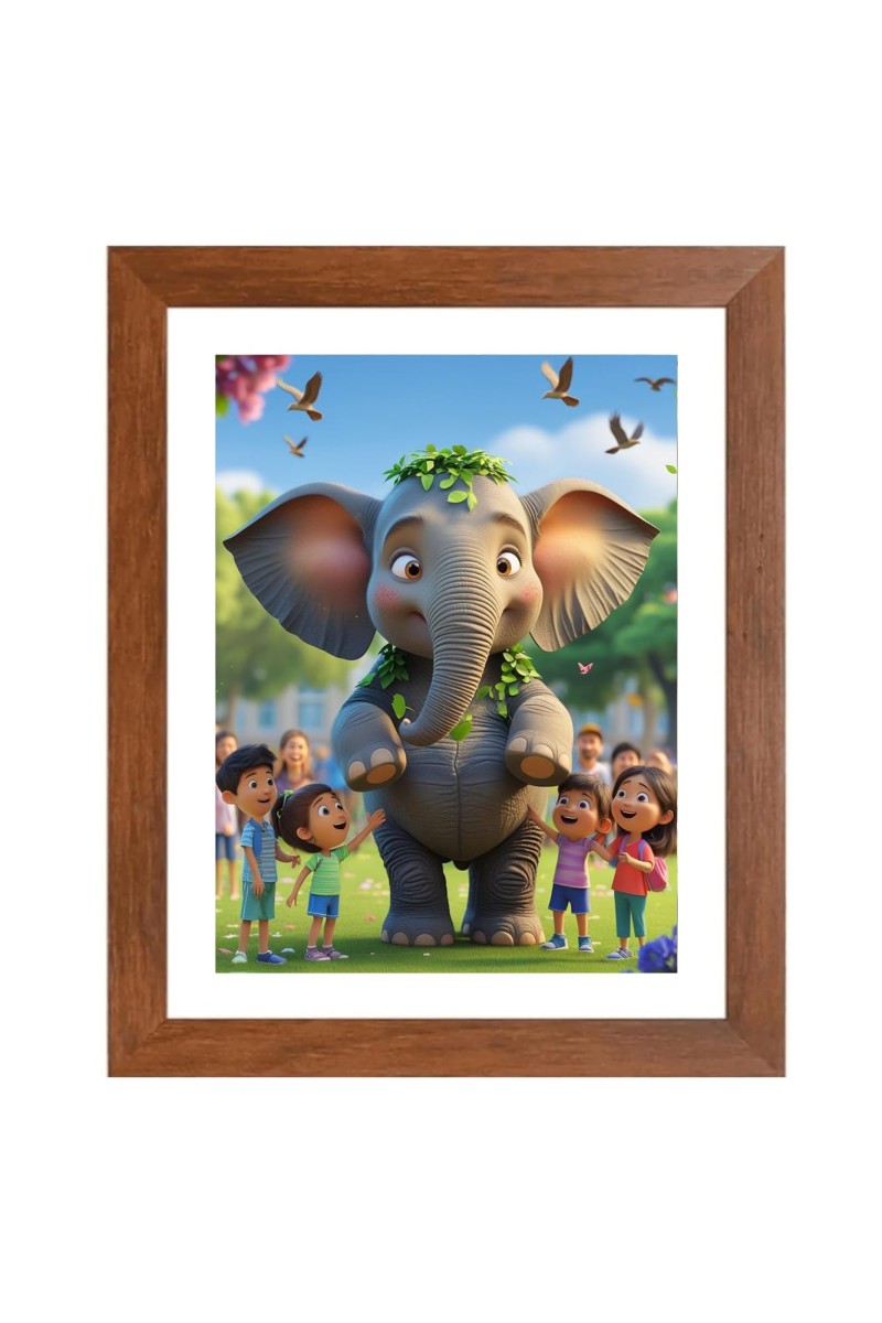 AI Funny Cute Elephant With Kids Art Picture for Kids - 12x16 inches, Brown Color - Perfect Wall Decor for Children's Room