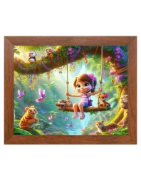 AI Funny Cute Girls With Animals Art Picture for Kids - 14x18 inches, Brown Color - Perfect Wall Decor for Children's Room