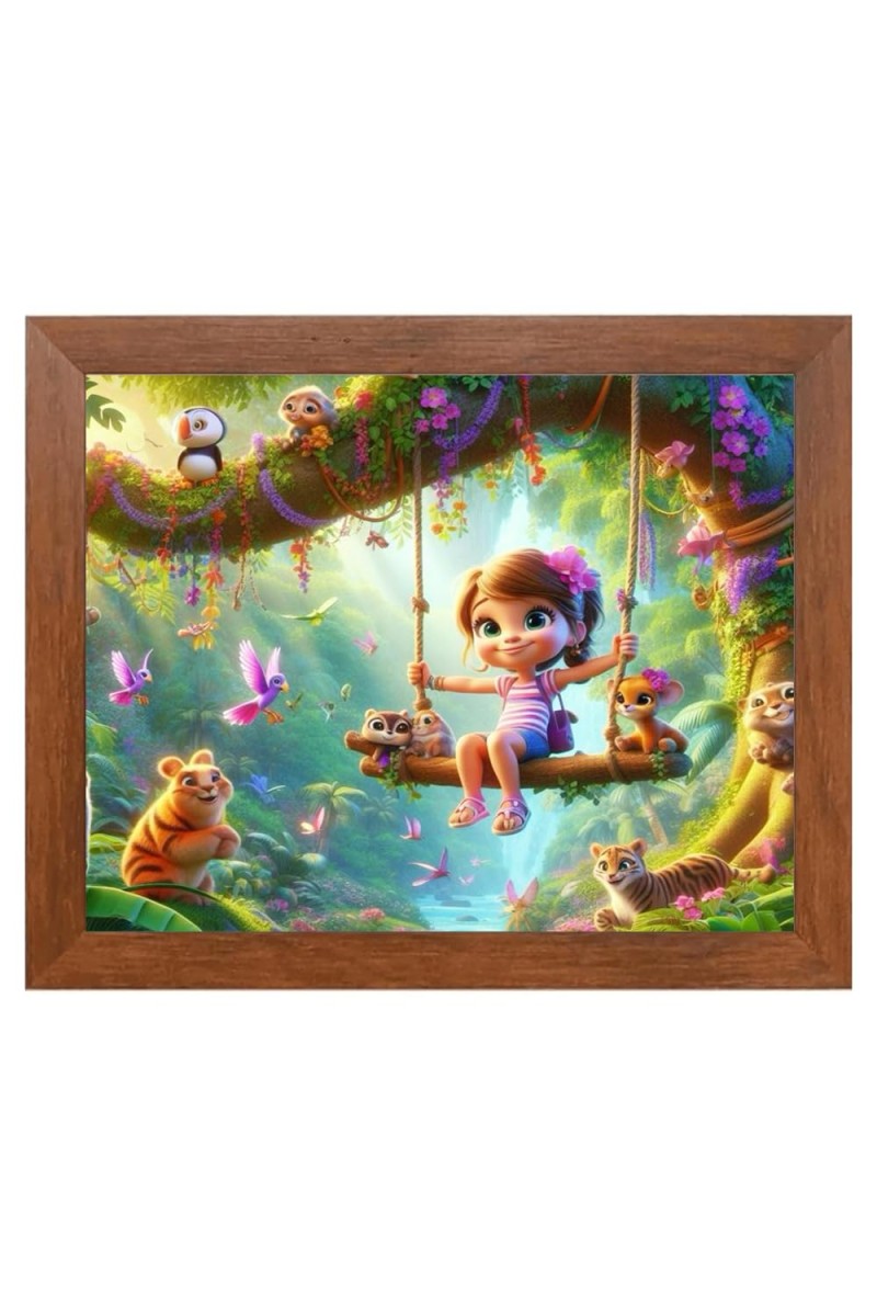 AI Funny Cute Girls With Animals Art Picture for Kids - 18x22 inches, Brown Color - Perfect Wall Decor for Children's Room