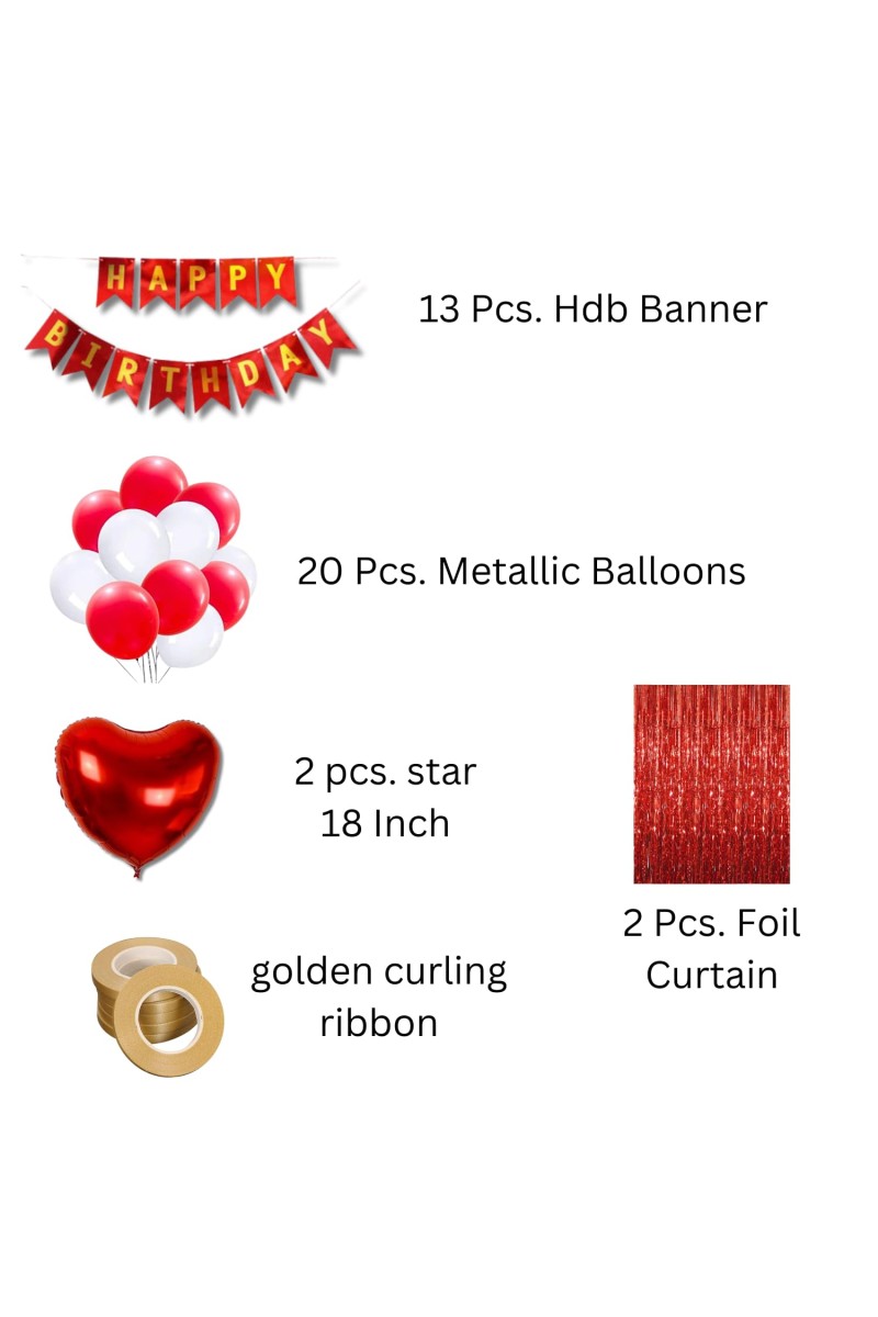 Happy Birthday Decoration Combo Set - 20 Pcs. Metallic Balloons, 2 love Foil Balloons, 13 Pcs. Birthday Banner, 2 Pcs. Foil Curtain Party Backdrop Kit for Celebrations and Events (Red)