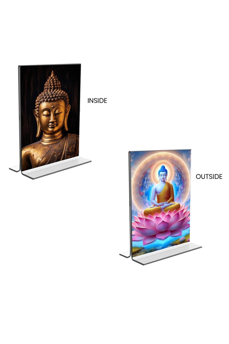 Car Desk/Table Top Buddha Acrylic T-Style Photo Stand - 2.5x3.5 Inches, Compact and Stylish Spiritual Display, easily change 2 photos (Pack of 1)