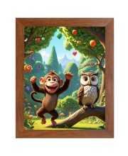 AI Funny Monkey and Owl Art Picture for Kids - 10x14 inches, Brown Color - Perfect Wall Decor for Children's Room