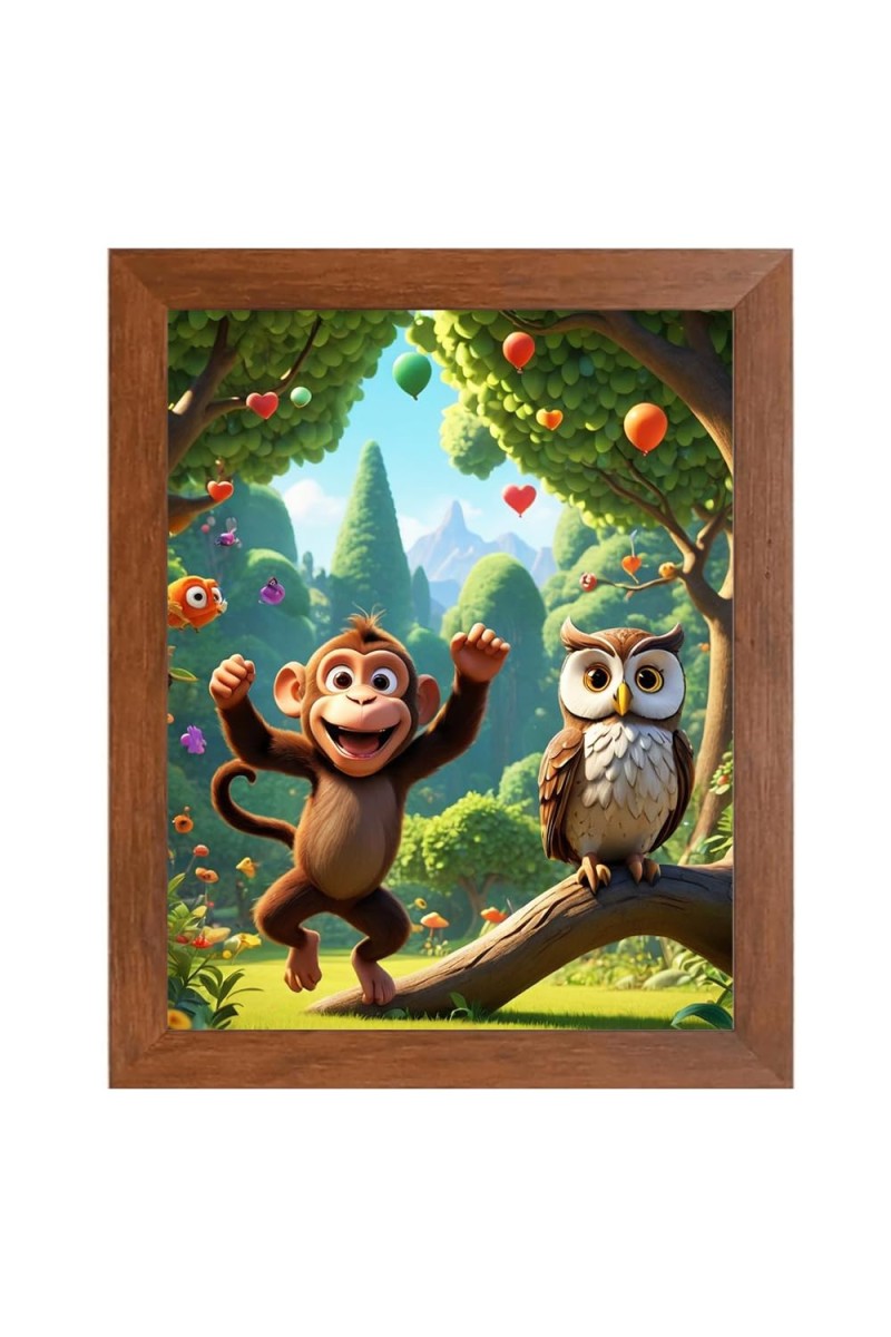 AI Funny Monkey and Owl Art Picture for Kids - 12x16 inches, Brown Color - Perfect Wall Decor for Children's Room