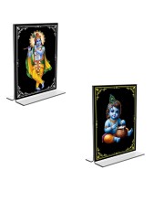 Car Desk/Table Top Sri Krishna Acrylic T-Style Photo Stand - 2.5x3.5 Inches, Compact and Stylish Spiritual Display, easily change 2 photos (Pack of 1)
