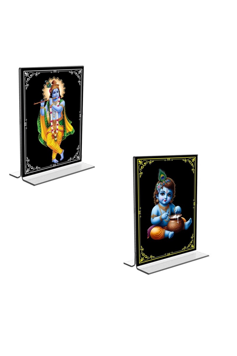 Car Desk/Table Top Sri Krishna Acrylic T-Style Photo Stand - 2.5x3.5 Inches, Compact and Stylish Spiritual Display, easily change 2 photos (Pack of 1)