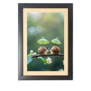 Two cute snails under two little umbrellas Photo Frame Funny Animal and Bird Cartoon Art, Black color, 19x23 Inch