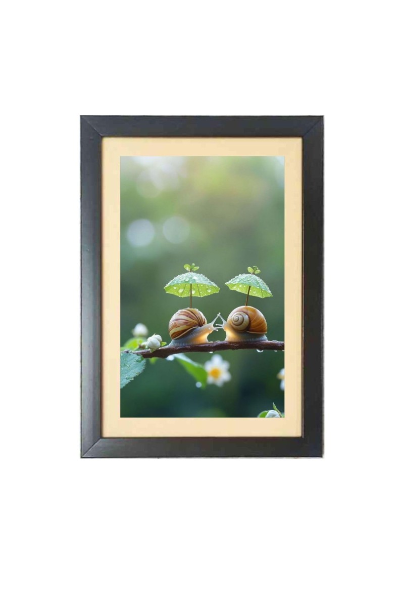 Two cute snails under two little umbrellas Photo Frame Funny Animal and Bird Cartoon Art, Black color, 17x21 Inch