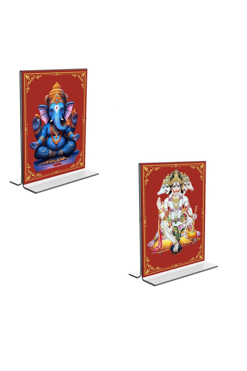 Car Desk/Table Top Sri Ganesh & Panchmukhi Hanuman Acrylic T-Style Photo Stand - 2.5x3.5 Inches, Compact and Stylish Spiritual Display, easily change 2 photos (Pack of 1)