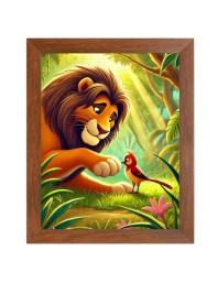AI Funny Lion with bird Art Picture for Kids - 18x22 inches, Brown Color - Perfect Wall Decor for Children's Room