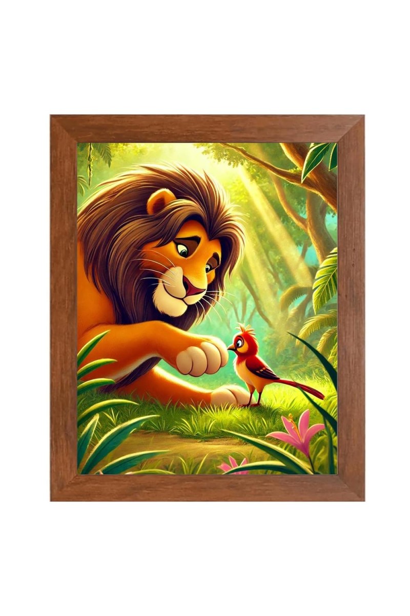 AI Funny Lion with bird Art Picture for Kids - 10x14 inches, Brown Color - Perfect Wall Decor for Children's Room