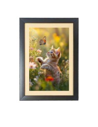 The cat is watching butterfly Photo Frame Funny Animal and Bird Cartoon Art, Black color, 17x21 Inch