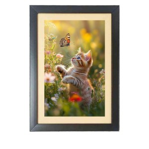 The cat is watching butterfly Black Photo Frame Funny Animal and Bird Cartoon Art