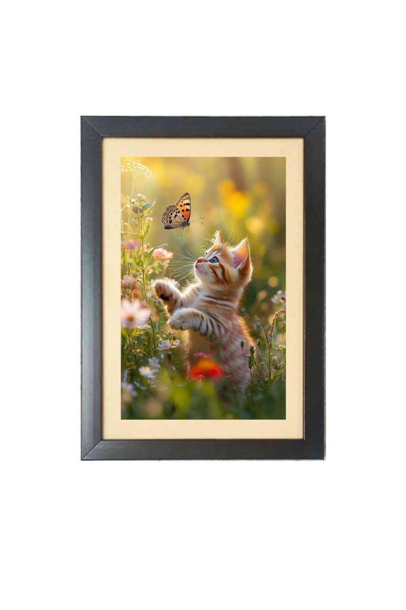 The cat is watching butterfly Photo Frame Funny Animal and Bird Cartoon Art, Black color, 17x21 Inch