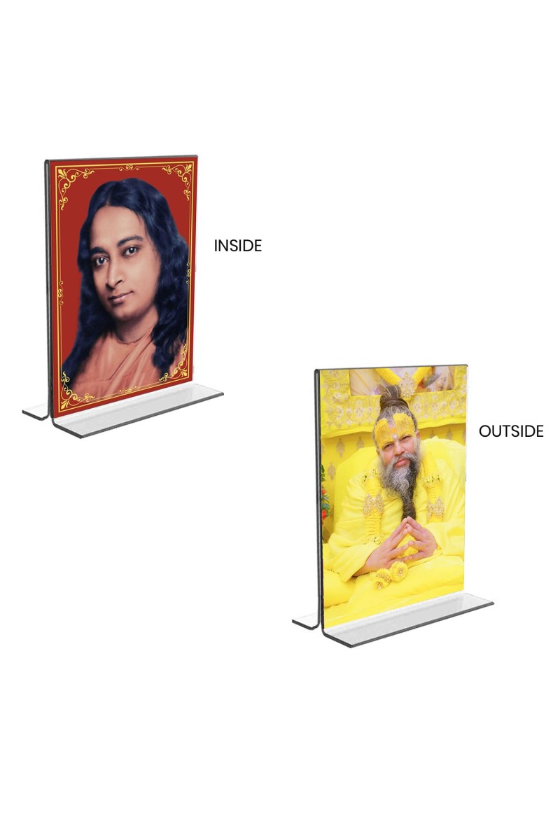Car Desk/Table Top Sri Sri Paramahansa Yogananda & Sri premanand ji maharaj Acrylic T-Style Photo Stand - 2.5x3.5 Inches, Compact and Stylish Spiritual Display, easily change 2 photos (Pack of 1)