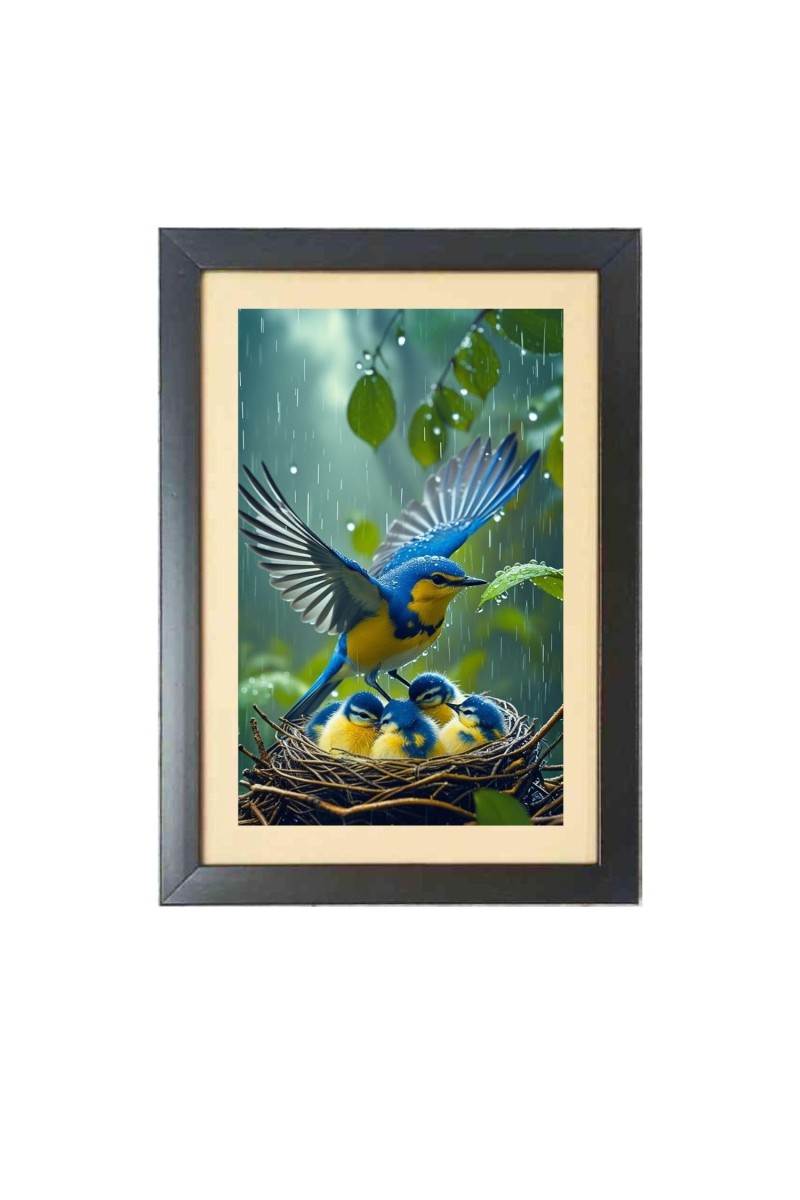 The mother bird is protecting baby birds Black Photo Frame Funny Animal and Bird Cartoon Art