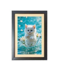 The cute white cat Photo Frame Funny Animal and Bird Cartoon Art, Black color, 15x19 Inch