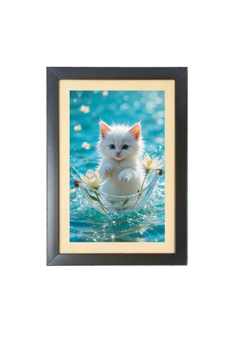 The cute white cat Photo Frame Funny Animal and Bird Cartoon Art, Black color, 15x19 Inch