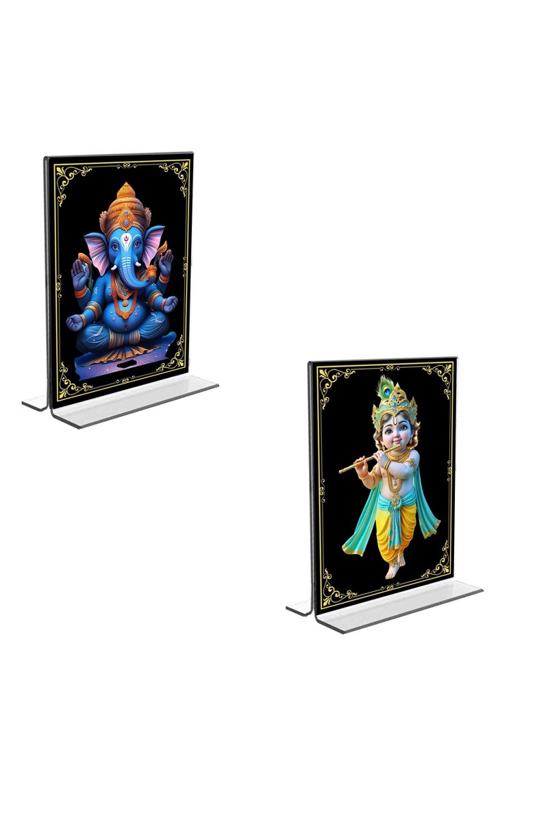Car Desk/Table Top Sri Ganesh & Sri Krishna Acrylic T-Style Photo Stand - 2.5x3.5 Inches, Compact and Stylish Spiritual Display, easily change 2 photos (Pack of 1)