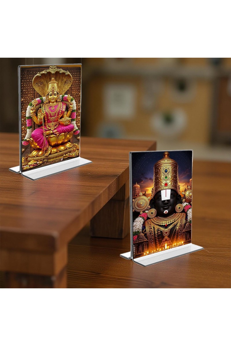 Lord Tirupati Balaji & Baba Lakhsmi Acrylic T-Style Photo Stand - 11x13 Inches, Compact and Stylish Spiritual Display, easily change 2 photos (Pack of 1)
