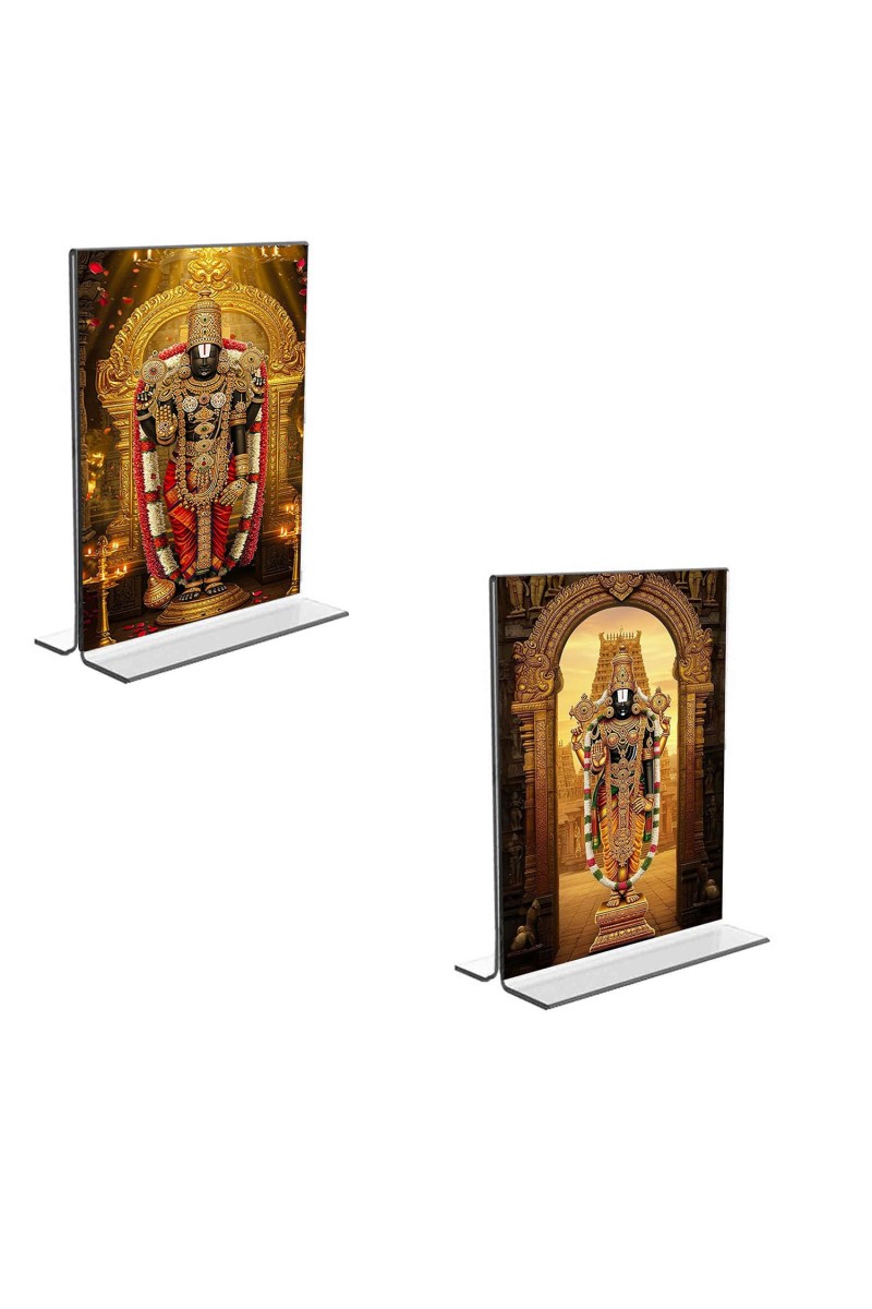 Car Desk/Table Top Lord Tirupati Balaji Acrylic T-Style Photo Stand - 2.5x3.5 Inches, Compact and Stylish Spiritual Display, easily change 2 photos (Pack of 1)