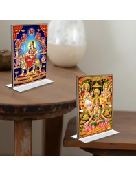 Debi Nava Durga & Debi Lakshmi Sri Ganesh Debi Saraswati Acrylic T-Style Photo Stand - 5x7 Inches, Compact and Stylish Spiritual Display, easily change 2 photos (Pack of 1)