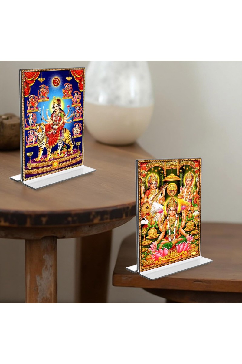 Debi Nava Durga & Debi Lakshmi Sri Ganesh Debi Saraswati Acrylic T-Style Photo Stand, Compact and Stylish Spiritual Display, easily change 2 photos (Pack of 1)