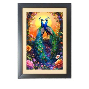 The two beautiful peacocks Photo Frame Funny Animal and Bird Cartoon Art, Black color, 17x21 Inch