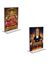Car Desk/Table Top Lord Tirupati Balaji & Baba Lakhsmi Acrylic T-Style Photo Stand - 2.5x3.5 Inches, Compact and Stylish Spiritual Display, easily change 2 photos (Pack of 1)