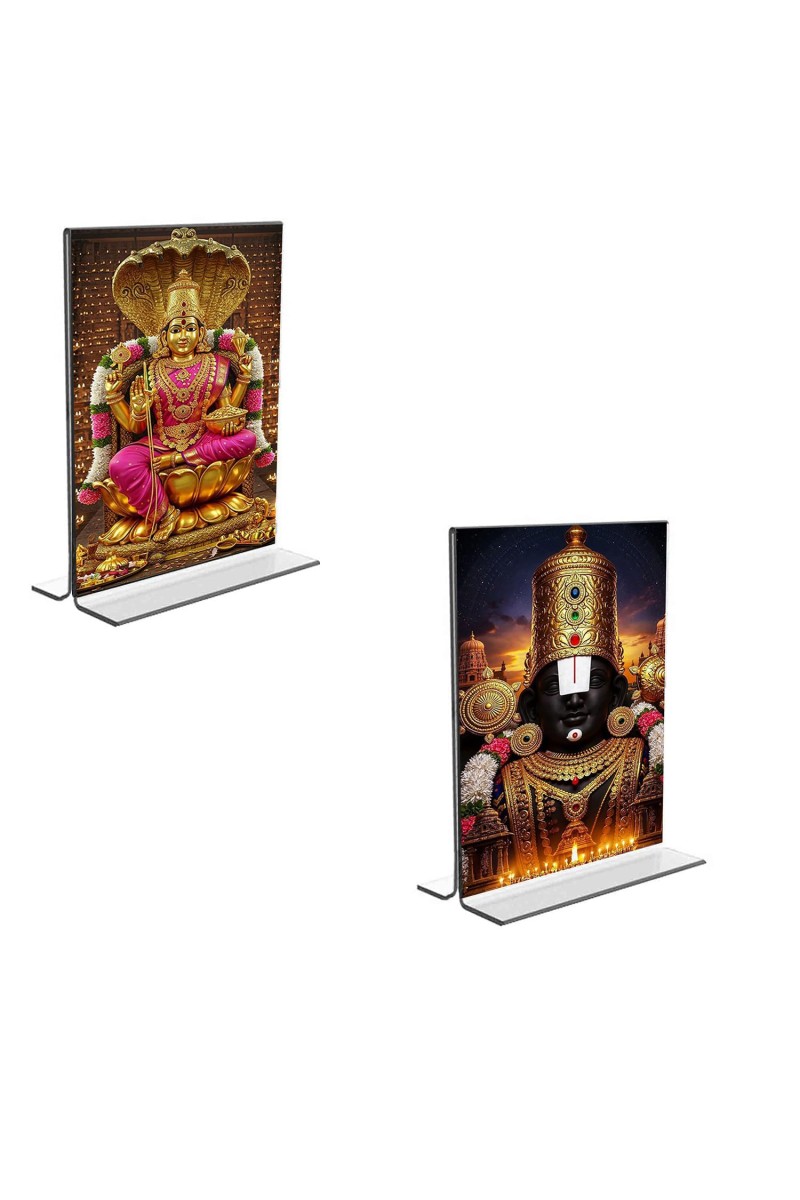Car Desk/Table Top Lord Tirupati Balaji & Baba Lakhsmi Acrylic T-Style Photo Stand - 2.5x3.5 Inches, Compact and Stylish Spiritual Display, easily change 2 photos (Pack of 1)