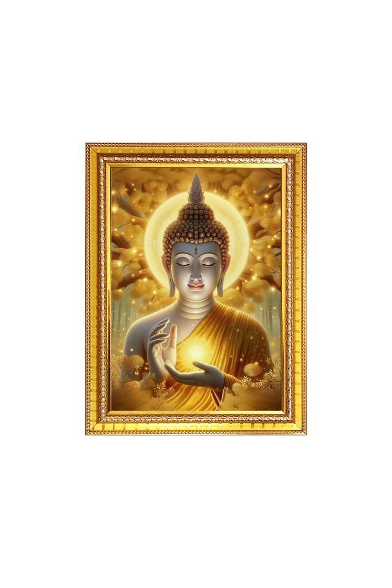 Lord Buddha Photo Frame - 10x14 Inches, Brown Wooden Frame for Home, Office & Temple Decoration