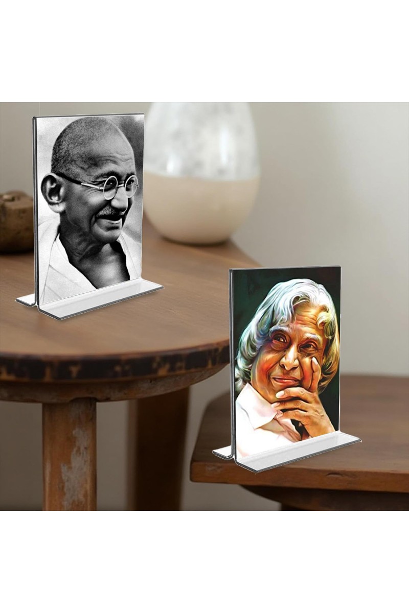 Mahatma Gandhi & APJ Abdul Kalam Acrylic T-Style Photo Stand - 7x9 Inches, Compact and Stylish Spiritual Display, easily change 2 photos (Pack of 1)