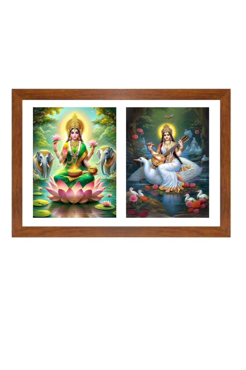 Goddess lakshmi and saraswati Photo Frame - 17x21Inches - Spiritual Artwork for Home Decor, Puja Room and Office Decoration