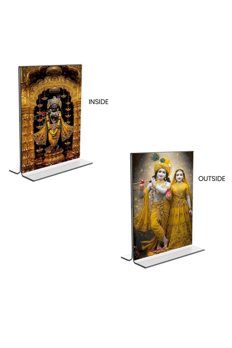 Car Desk/Table Top Sri Radha Krishna & Sri Krishna Acrylic T-Style Photo Stand - 2.5x3.5 Inches, Compact and Stylish Spiritual Display, easily change 2 photos (Pack of 1)