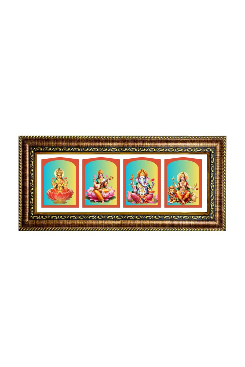 Hitech Sales Goddess Laxmi, Saraswati Devi, Lord Ganesh, Devi Durga God Photos in One Photo Frame (16.6 x 6.6 inches, Golden, Pvc Frame)