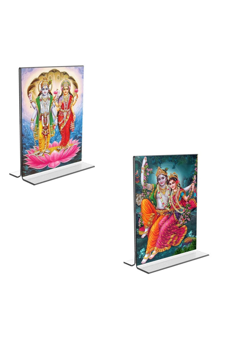 Car Desk/Table Top Sri Lakshmi Narayan & Sri Radha Krishna Acrylic T-Style Photo Stand - 2.5x3.5 Inches, Compact and Stylish Spiritual Display, easily change 2 photos (Pack of 1)