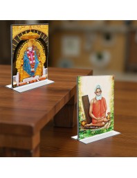 Sai Baba & Lokenath Baba Acrylic T-Style Photo Stand - 5x7 Inches, Compact and Stylish Spiritual Display, easily change 2 photos (Pack of 1)