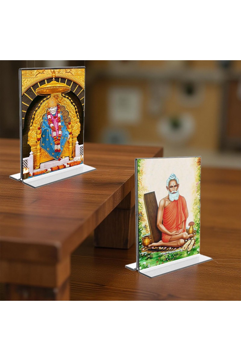 Sai Baba & Lokenath Baba Acrylic T-Style Photo Stand, Compact and Stylish Spiritual Display, easily change 2 photos (Pack of 1)
