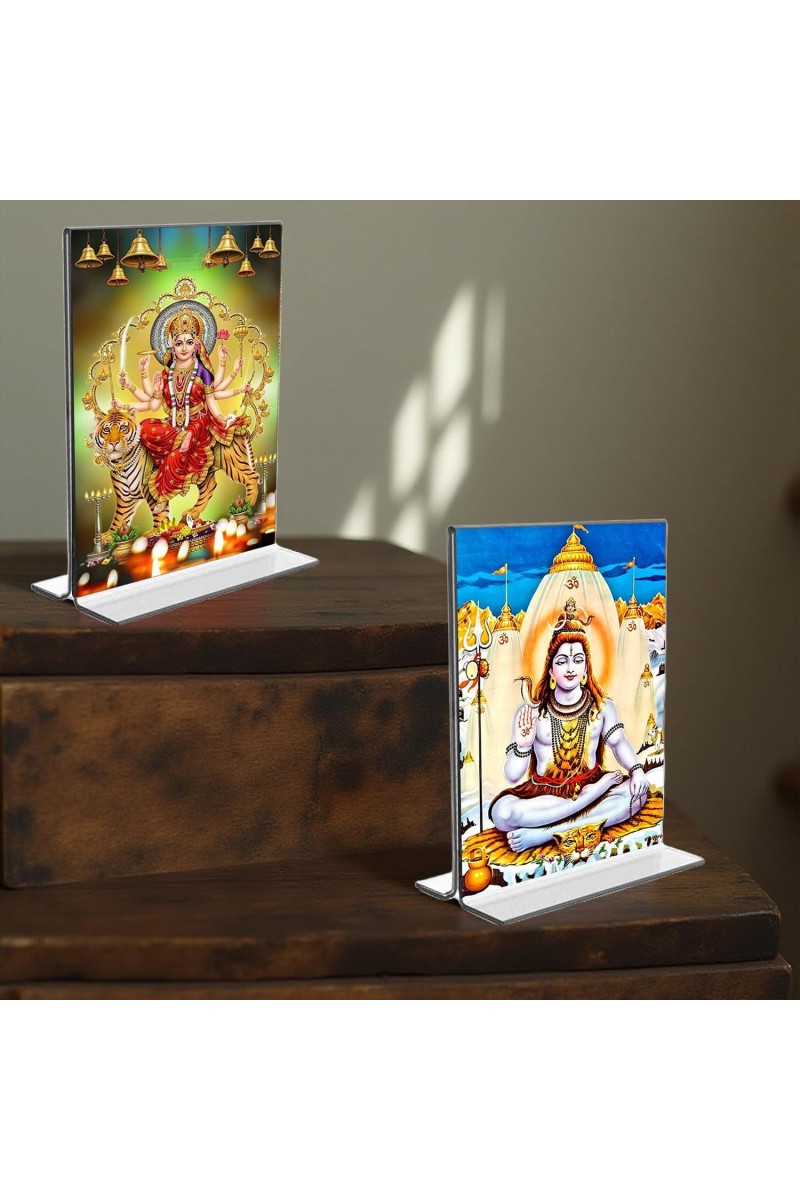 Lord Shiva & Lord Durga Acrylic T-Style Photo Stand, Compact and Stylish Spiritual Display, easily change 2 photos (Pack of 1)