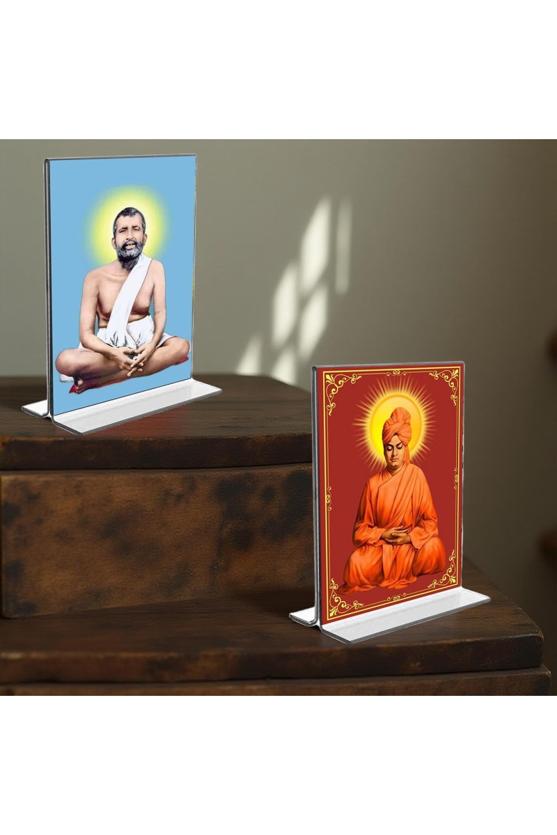 Sri Ramakrishna Paramhansa & Swami Vivekananda Acrylic T-Style Photo Stand, Compact and Stylish Spiritual Display, easily change 2 photos (Pack of 1)
