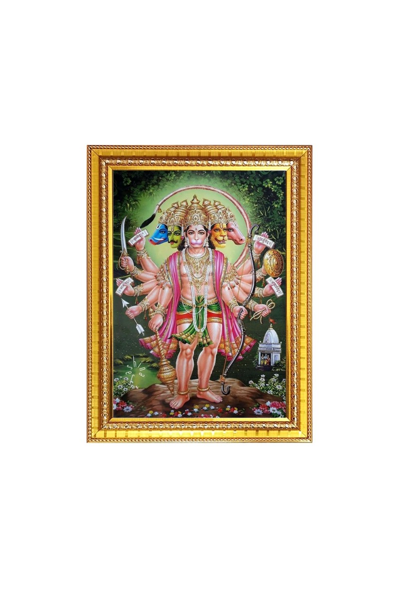 Lord Panchmukhi Hanuman ji Photo Frame - 12x16 Inches, Brown Wooden Frame for Home, Office & Temple Decoration