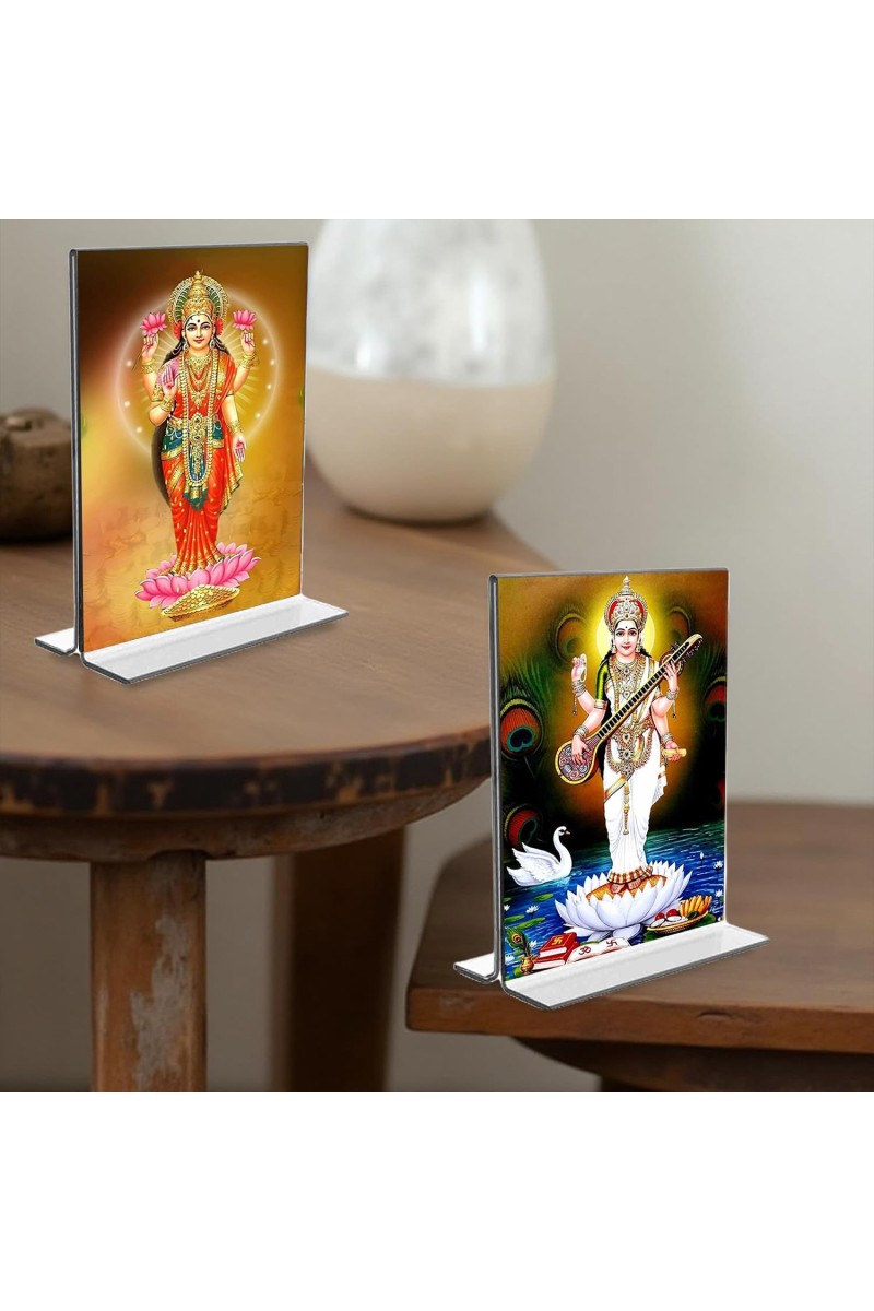Debi Saraswati & Debi Lakshmi Acrylic T-Style Photo Stand, Compact and Stylish Spiritual Display, easily change 2 photos (Pack of 1)