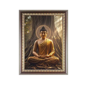 Lord Buddha Photo Frame - 16x20 Inches, Brown Wooden Frame for Home, Office & Temple Decoration