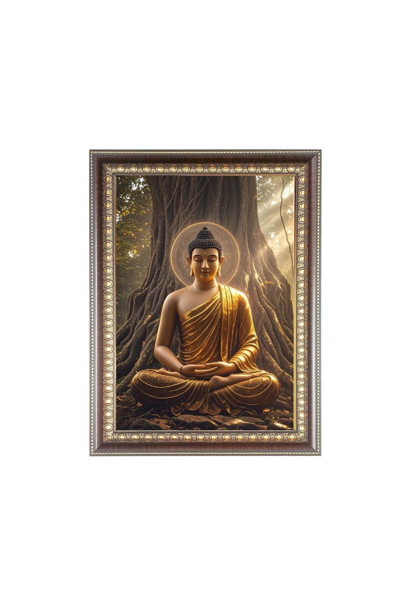 Lord Buddha Photo Frame - 10x14 Inches, Brown Wooden Frame for Home, Office & Temple Decoration