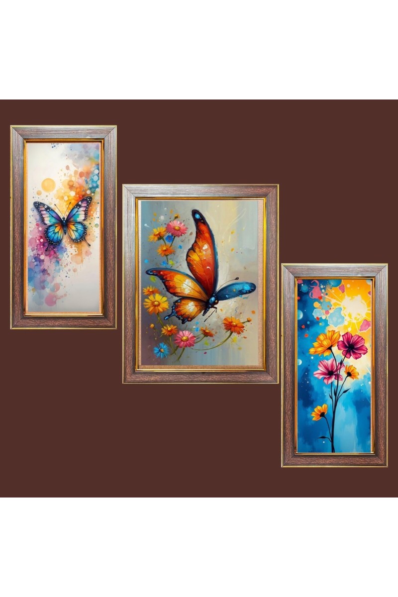3-Pack Butterflies and flowers painting Photo Frames - 2 Pieces 12x19 Inch & 1 Piece 16x19 Inch - Rustic Wall Art for Home & Office Decor - Botanical Wall Hanging for Living Room, Bedroom, or Wo